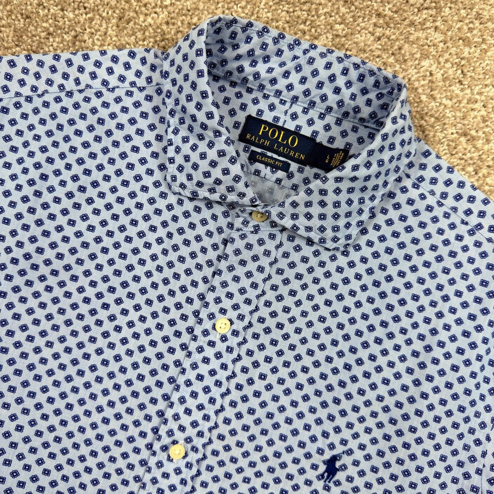 Polo Ralph Lauren Shirt Mens Large Classic Fit Blue Geometric Print Button Up